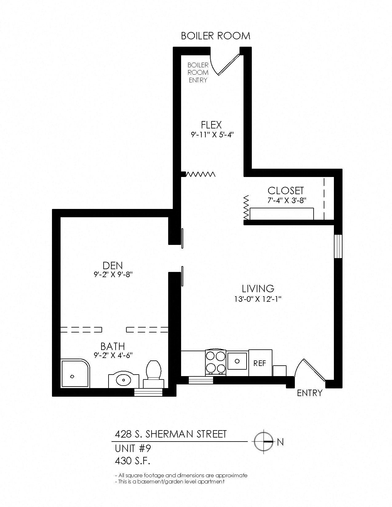 Floor plan for studio, 1 bath, 390 sqft